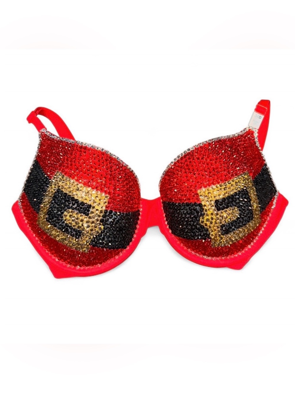 32B Siam Red & Jet Black Crystal Santa Design Rhinestone Glam Bling Bra Top